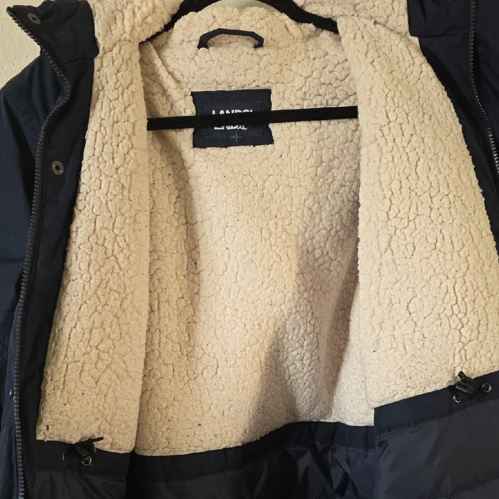Lands' End - Unisex's Kids Large, Expedition Down Parka Navy Blue Hooded Sherpa